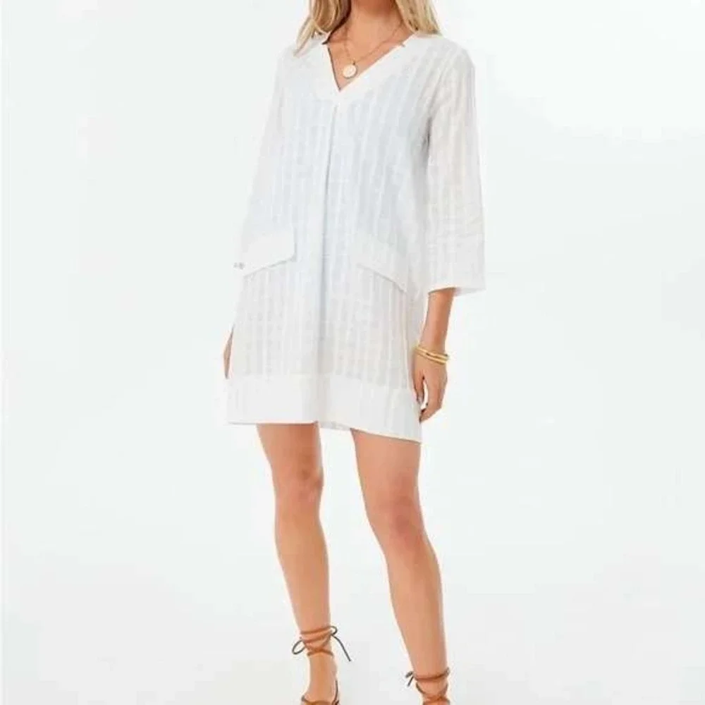 Pomander Place White Windowpane PlaidShift Dress XS Mini Tunic 3/4 Sleeve